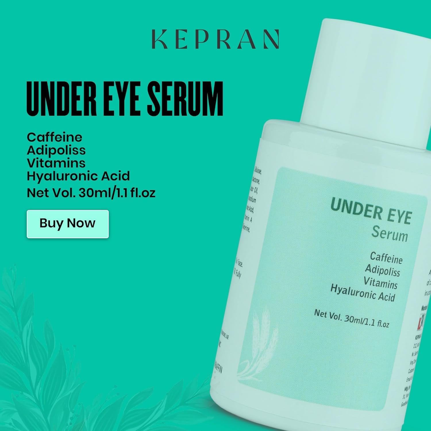 Under Eye Serum with Caffeine, Vitamins, Hyaluronic Acid, 30ml