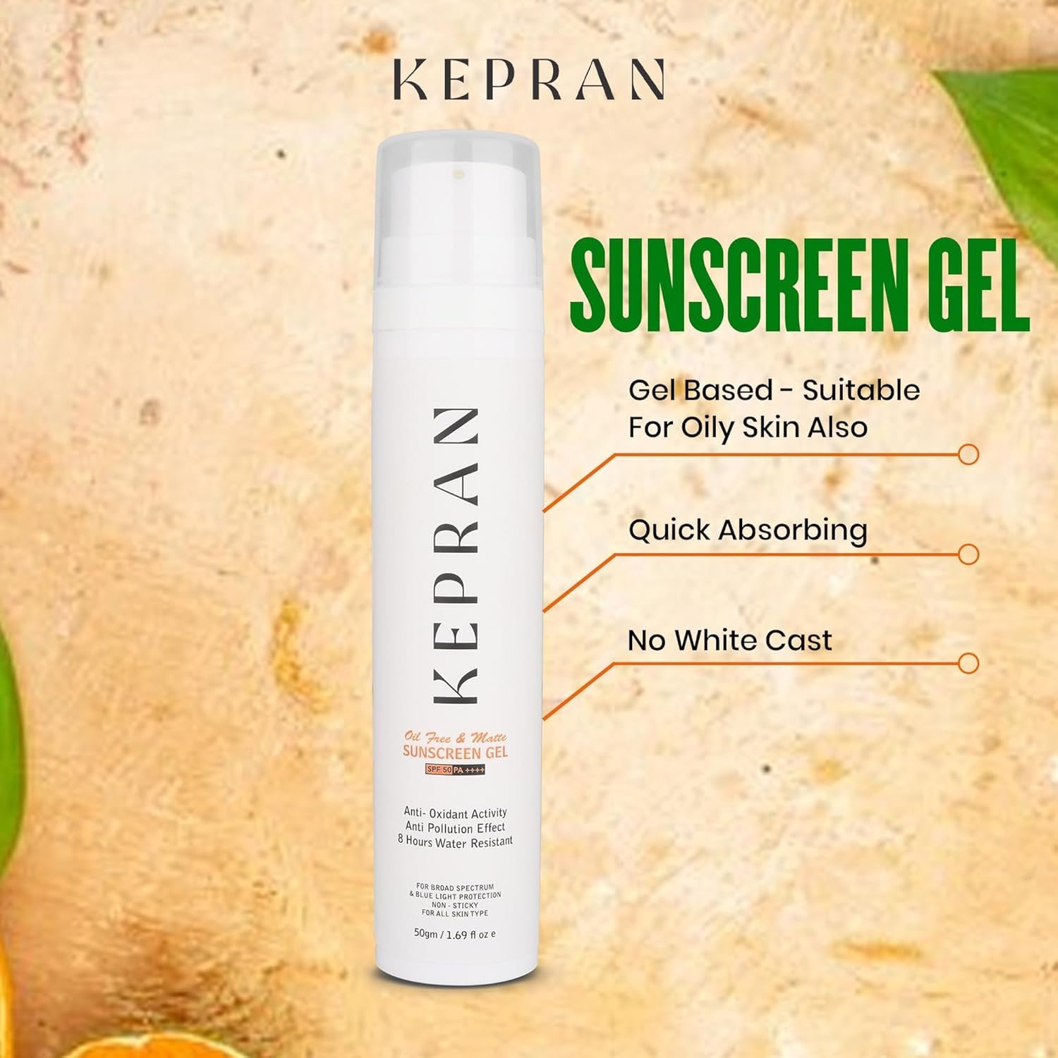 Sunscreen Gel, SPF 50,8 hours Water Resistant, Anti-Oxidant, 50ml