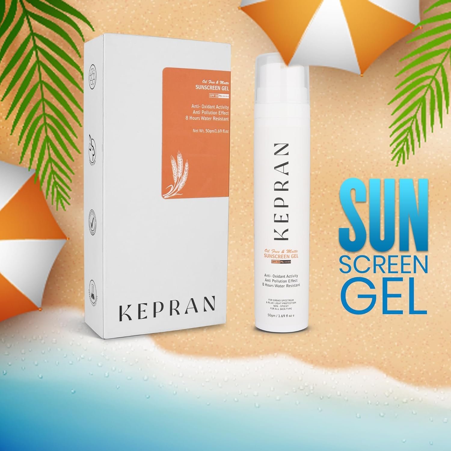 Sunscreen Gel, SPF 50,8 hours Water Resistant, Anti-Oxidant, 50ml